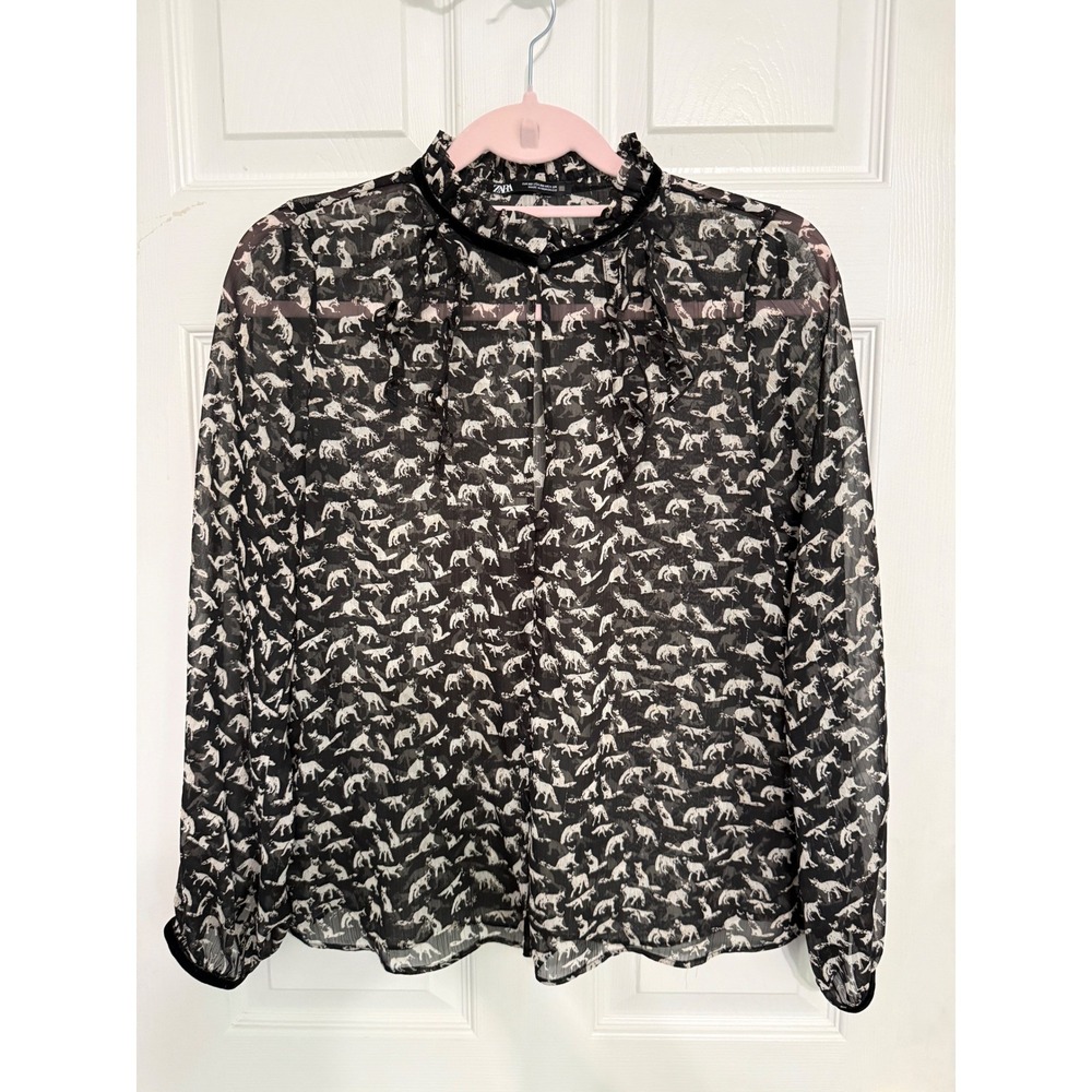 Zara Black Fox Print Sheer Ruffle Blouse  XS Dark woodland romantic